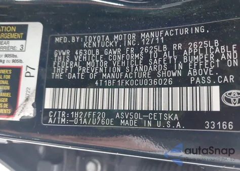 2012 Toyota Camry Se z USA, uszkodzony, nr VIN 4T1BF1FK0CU036026